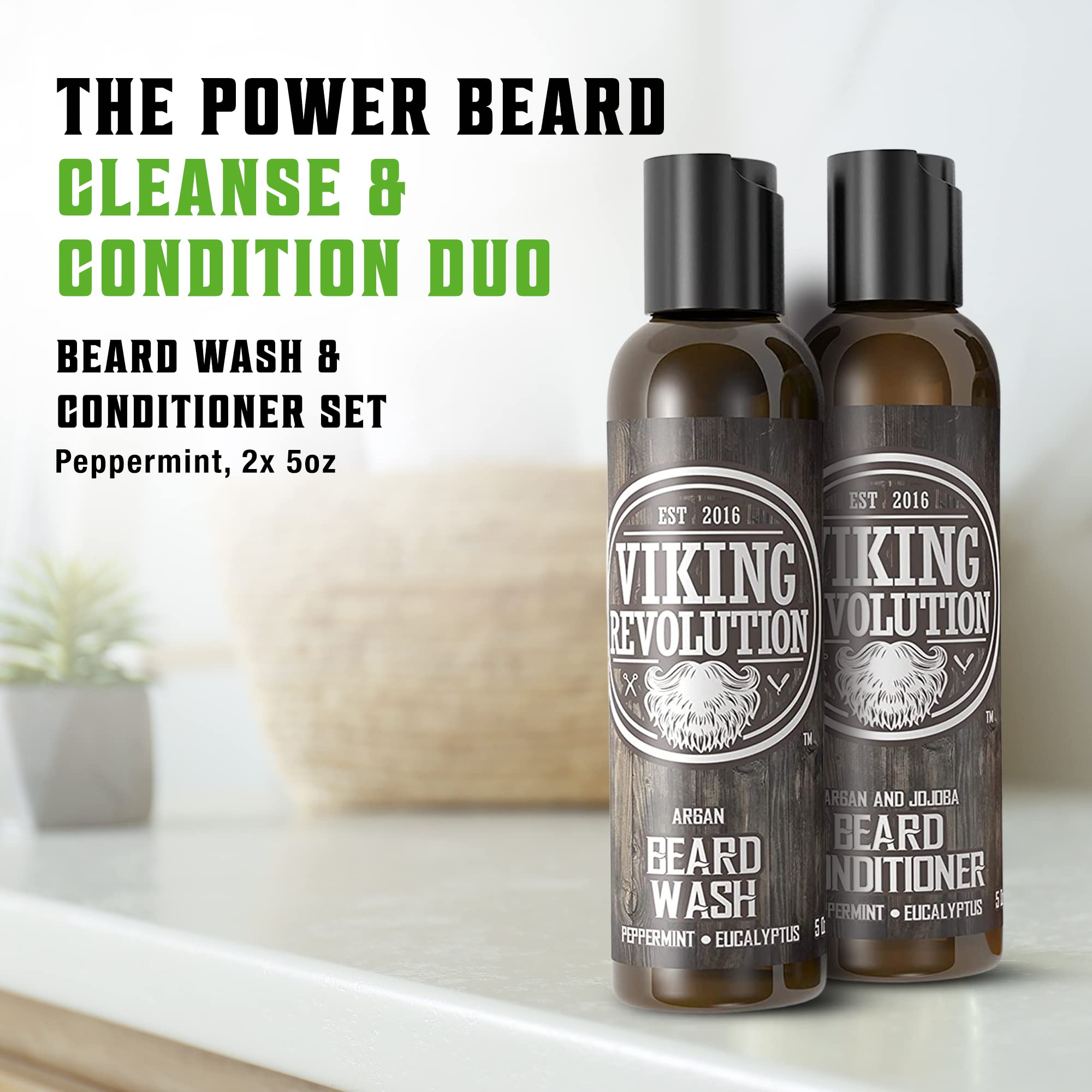 Viking Revolution Beard Care Set with Argan & Jojoba Oils - Softens, Smooths & Nourishes Facial Hair Growth - Peppermint and Eucalyptus Scented Wash & Conditioner (5 oz)