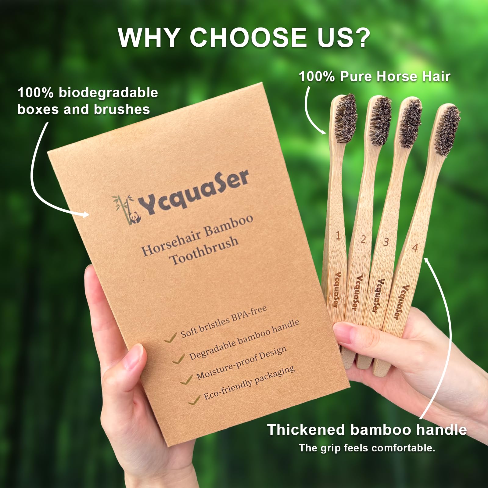 Ycquaser Bamboo Toothbrushes,Travel Toothbrush&Horse Bristle(4-Pack),Natural Soft Bristles for Adults,100% Biodegradable,Plastic & Nylon Free