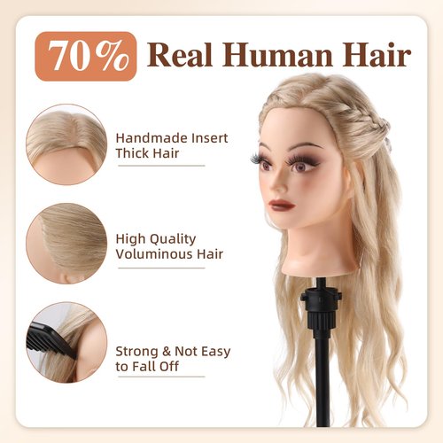 Mannequin Head Human Hair, Make Up Mannequin Head with 70% Real Hair Mannequin Cosmetology Manikin Practice Doll Head for hair styling Braiding Hairdressing Head