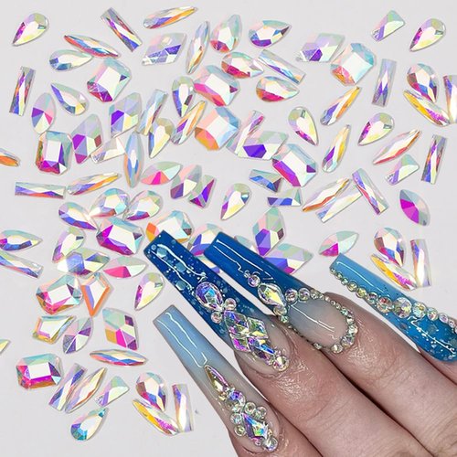HNUIX Nail Rhinestones - 300pcs Crystals AB, Multiple Shape Gems, Flat Back Rhinestones, for Nail Art