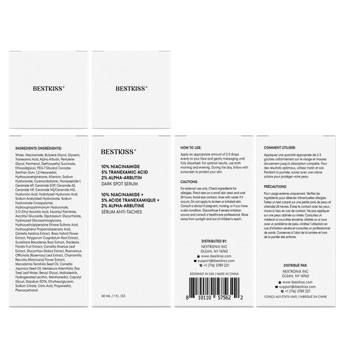 Bestkiss 10% Niacinamide + 5% Tranexamic Acid + 2% Alpha-Arbutin Dark Spot Serum with Ceramides Hyaluronic Acid Centella Asiatica - Korean Glass Skin Vegan Paraben Fragrance Cruelty Free 1 FL OZ/30mL