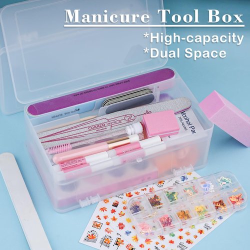Lokyango Plastic Storage Personal Box for Nail, 2 Pack Double-Layer Nail Implement Storage Box Organizer Case Manicure Tool Box for Nail Pedicure Supply Tools (C-clear-2pcs)
