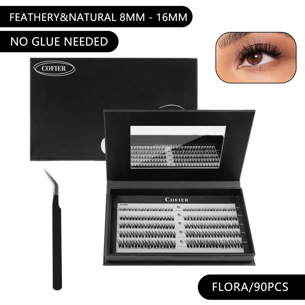 Wispy Lash Clusters Kit, 90 Pcs Individual Eyelash Clusters (8-16mm) - DIY Lash Extension Kit with Lash Glue, Sealant & Tweezers, Natural Fluffy Fake Lashes for Home Use, Beginners Friendly