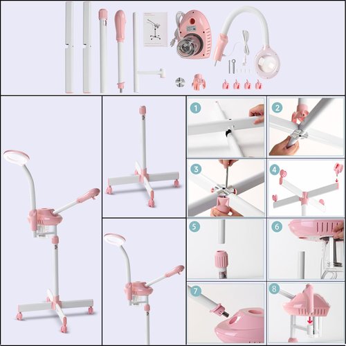 Professional Facial Steamer, 2In1 Face Steamer on Wheels for Facial Deep Cleaning, SPA Facial Steamer for Esthetician with 5X Magnifying Lamp, Stand Face Steamer with Time Setting, Pink
