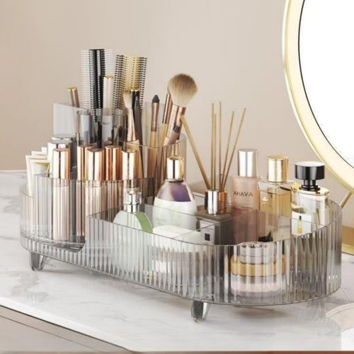 Rotating Large Capacity Cosmetic Display Case,Bathroom Counter Organizer Countertop Storage,Cosmetics Skincare Shelf Organizer (Clear)