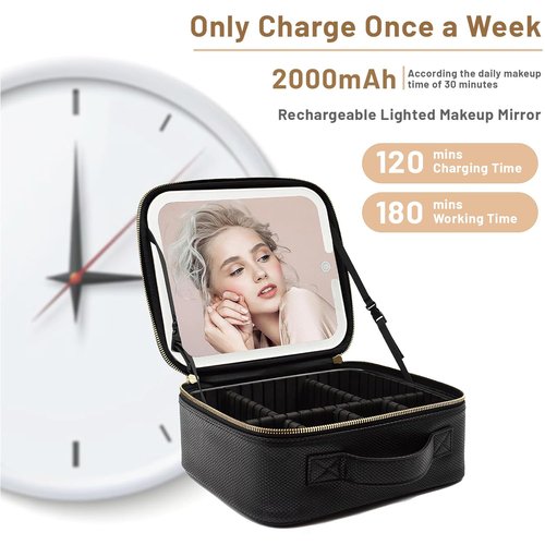 PRALENA Travel Makeup Bag with LED Mirror – 3 Brightness Modes, Portable Lighted Makeup Case with Adjustable Dividers, Cosmetic Organizer Gift for Women (Black)