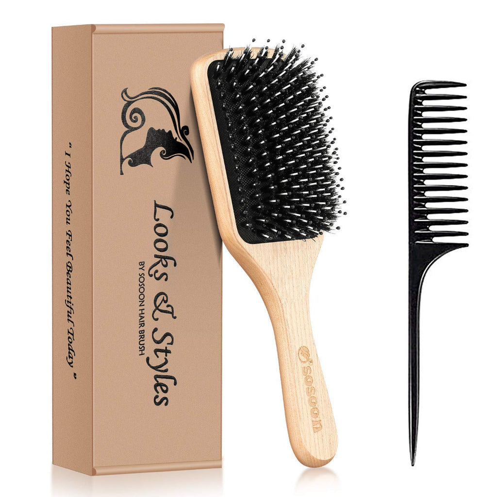 Sosoon Boar Bristle Paddle Hair Brush - Tangle-Free Styling for All Hair Types | Gift Box & Tail Comb Included