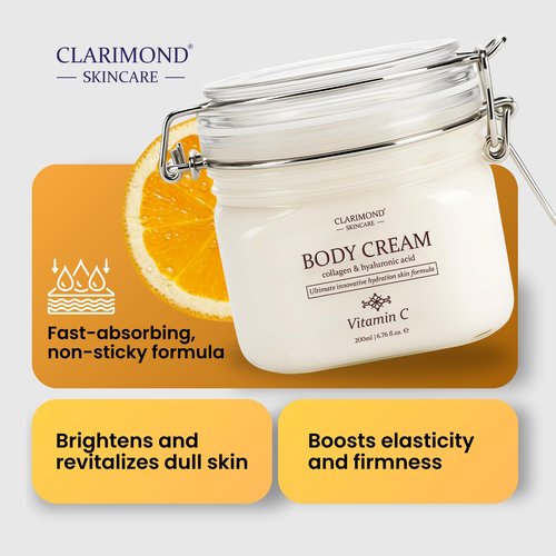 Clarimond Vitamin C Body Lotion w/Hyaluronic Acid & Collagen Peptides - Brightening Hydrating Moisturizer Non-Greasy for Dry, Sensitive Skin - Firming Tightening Body Cream