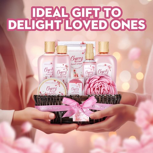 Green Canyon Spa Birthday Gifts for Women 11 Pcs Cherry Blossom Spa Gift Baskets Birthday Gift for Mom Her Friend Sister Wife Mothers Day Gifts for Her Bath and Body Gift Sets Presents for Her