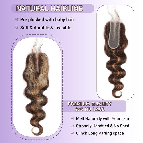 DSEKCAIN P427# Highlight Honey Blonde 2x6 Body Wave Lace Closure 100% Real Human Hair 12 Inch Transparent hd 2x6 Lace Closure