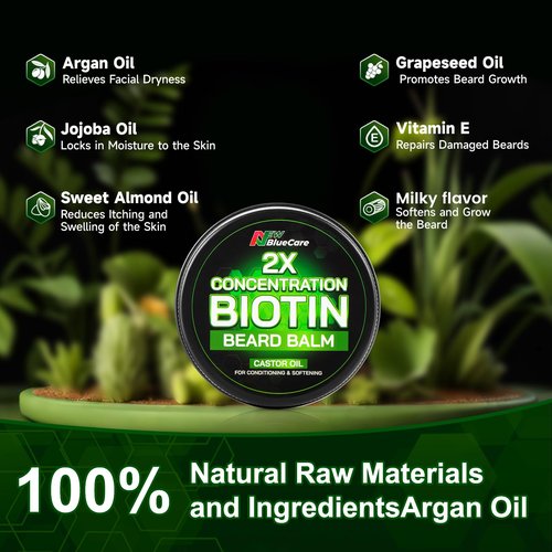 Beard Balm-2X Concentration Biotin -Styles, Growth, Strengthens & Softens Beards and Mustaches - Natural Beard Conditioner Wax with Organic Shea Butter, Argan & Jojoba Oils