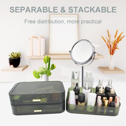 Makeup Organizer with 2 Drawers, Cosmetics Organizer for Bedroom and Bathroom Vanity Countertops, Large Capacity Cosmetic Storage Box for Skincare Cream Perfume Lipstick Dresser Counter-Green