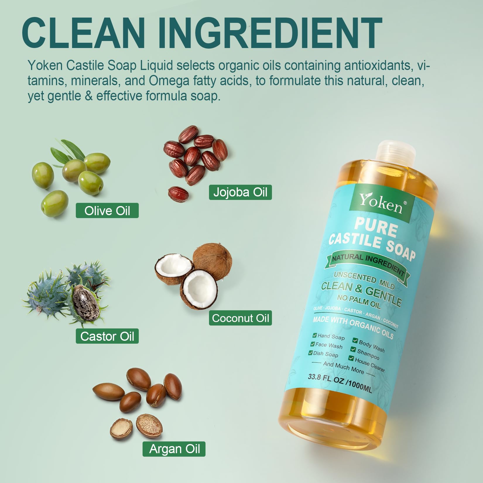 Yoken Pure Castile Soap Liquid Unscented 67 fl oz Castile Liquid Soap Made With Organic Oil, Clean & Gentle, No Palm Oil, Vegan, Natural Castille soaps for Face Body Hand Wash, Dishes Multi-purpose