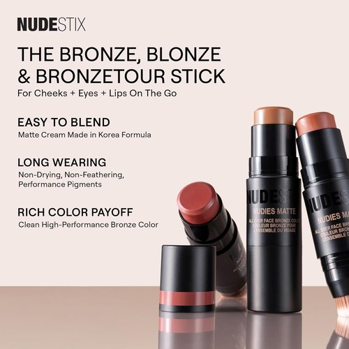 Nudestix Nudies Bronze All Over Matte Bronzing Stick - 3-in-1 Cream Bronzer for Cheeks, Eyes & Lips | Natural Contour & Sun-Kissed Glow