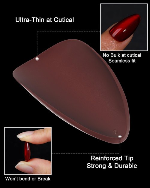 OIFEN Burgundy Red Cat Eye Press on Almond Nails Short 16 Sizes Glass Glossy Gel Fake Manicure with Glue & Stick