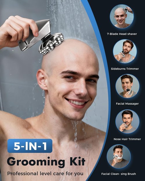 7D Electric Head Shaver - 5-in-1 Pro Grooming Kit for Bald Men | Waterproof, Travel-Ready, Type-C Charge