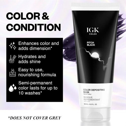 IGK Pitch Black Color Depositing Hair Mask - Smoky Gray Semi-Permanent Conditioner + Gloss Toner | Hydrating Shine + Color Refresh | Vegan + Cruelty-Free | 6 oz