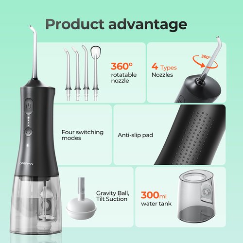 OPERAN Water Flossers for Teeth, Cordless Portable Water Flossers for Adults Braces, IPX7 Waterproof with 4 Modes, 4 Professional Nozzles, 300ml Tank & 21 Days Runtime for Travel, Black, 1Pack