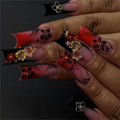 24Pcs Red French Tip Fake Nails Long Square Press on Nails pink Full Cover Glue on Nails with 3D Flower and Rhinestones Designs False Nails Gold Metallic Heart Acrylic Nail for Women