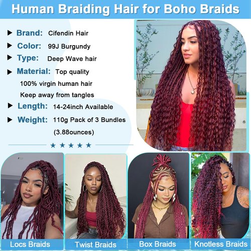 CIFENDIN Human Braiding Hair for Boho Braids 110g 16 Inch Burgundy Curly Boho Hair for Braiding Knotless 12A Deep Wave Wet and Wavy Bulk Bohemian 3 Bundles/Pack Color 99J