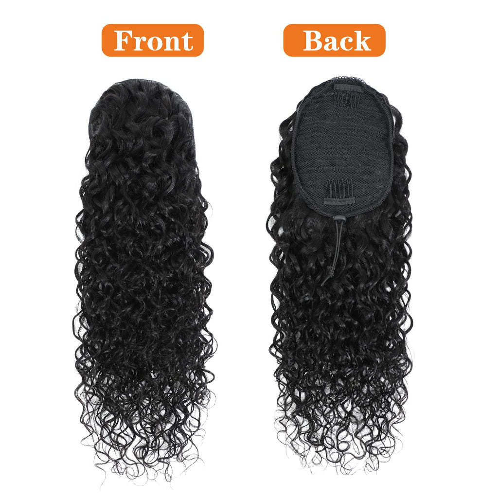 Yacurcur Water Wave Drawstring Ponytail Brazilian Remy Human Hair Ponytail Extensions for Black Women Ponytail Extension Human Hair Pieces Natural Black 16 Inch