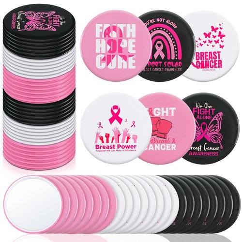 Soaoo 60 Pcs Breast Cancer Awareness Gifts for Women Pink Ribbon Pocket Mirror Bulk Round Portable Compact Mirror 2.68 Inch Makeup Mini Mirror Breast Cancer Awareness Accessories for Women