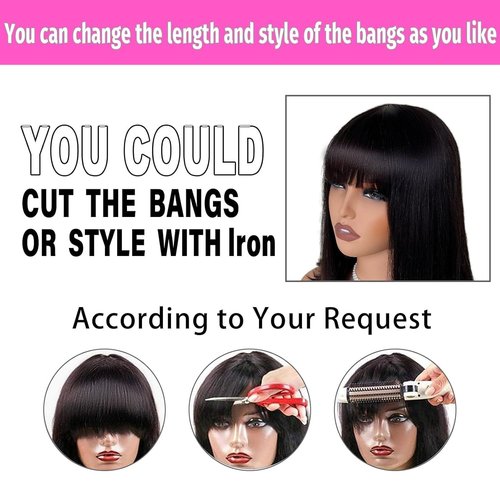 Tryfey Bob Wig Human Hair Glueless Bob Wig with Bangs Human Hair Straight 3x1 Transparent Lace Closure Bob Wigs for Black Women Natural Black 12 Inch