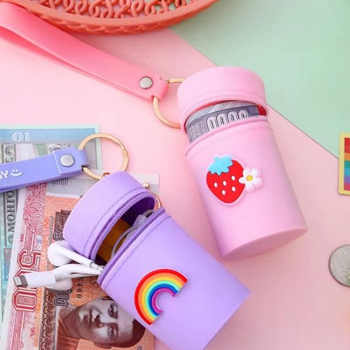 CECKQUE Cute Mini Silicone Coin Pouch Keychain, Coin Purse, Portable Lip Gloss Pouch Bag, Lipstick Case, Chapstick Carrier Bag (Pink/Blue)