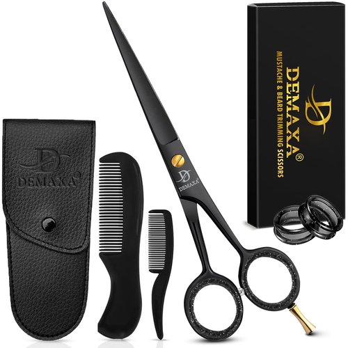 DEMAXA 5" Professional Beard Scissors for men Mustache Scissors with 1 Mustache Comb, 1 Beard Comb & Soft Pouch – Prefect Beard shears mustache kit for All Facial Hair – moustache Grooming kit for Men
