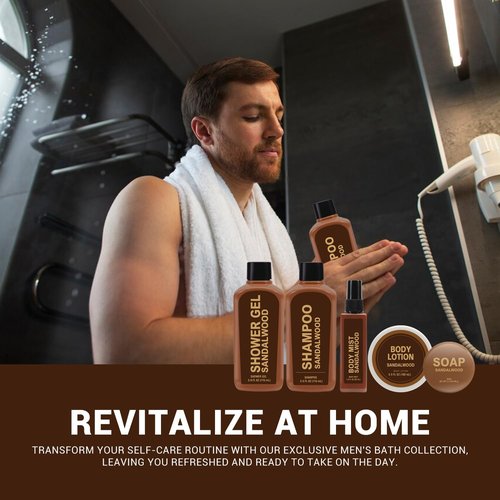 Gifts for Men 6pcs Sandalwood Travel Size Bath Sets with Shampoo, Shower Gel, Soap, Body Lotion, Body Wash Mens Gifts Birthday Anniversary Gift Sets for Men, Christmas Self Care Fathers Day Gift