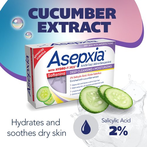 Asepxia Acne Treatment Softening Bar Soap | 2% Salicylic Acid Cleanser, Wash away Oil & Impurities, Soothes with Cucumber Extract, Daily Use, Refreshes Skin, Face Wash, 4 Oz, 5-Pack