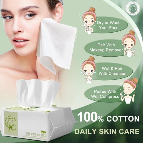 MPK Disposable Face Towel - 100% Cotton Tissues, Unscented Facial Wash Cloth for Sensitive Skin, Super Soft & Thick Facial Towels, Makeup Remover Dry Wipes, 492 Count