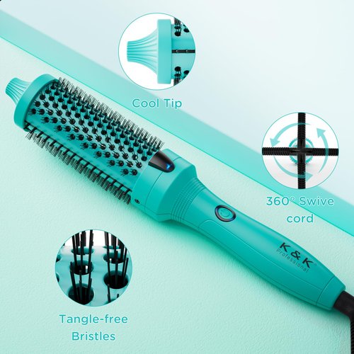 K&K Thermal Brush, Green 1.5 Inch Heated Round Curler, Professional Heated Curling Ceramic Tourmaline Ionic Curling Iron, Hot Styling Volumizing Brush, Dual Voltage