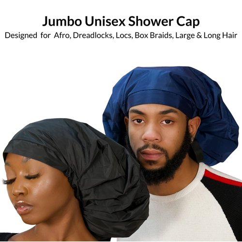 TTAT Shower Cap Jumbo Size for Men & Women With Afro, Long Dreadlocks, Locs, Box Braids, Coily, Voluminous & Long Hair, Waterproof, Washable, Reusable & Adjustable (Black)
