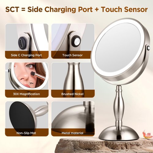 Makeup Mirror with Light, 30x Magnifying Mirror with 3 Lights Colors, 5000mAh Vanity Mirror Brushed Nickel - 360° Rotation, Brightness Adjustable Magnification, Modern Style Side Touch + Side Charge