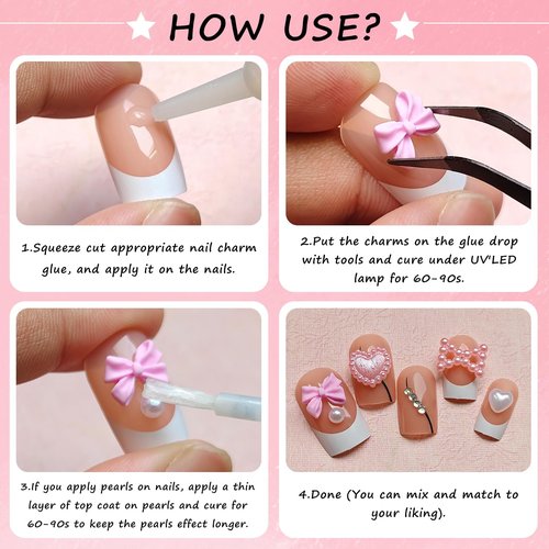 Lifextol 1000pc Pink Bow Nail Charms and Gems 3D Flower Nail Charms for Nails Design Press on Nails Art Charms, Resin Junk Case Charms Bulk Acrylic Pearl Nail Charms Heart for Fake Nails Supplies-D