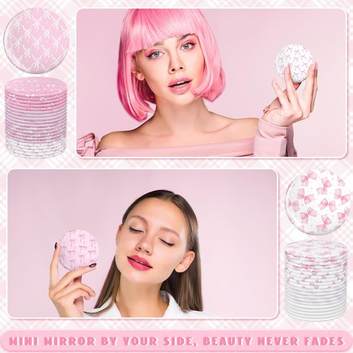 Namalu 48 Pcs Pink Bow Party Favors Pink Bow Coquette Mini Pocket Mirrors Inspirational Christian Gifts Bulk for Women Portable Round Makeup Mirror Church Religious(Cute Style)
