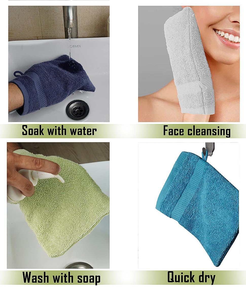 ZUPERIA Premium Bath Mitts - Pack of 12 (6 x 9 Inches) - 100% Cotton European Style Washcloths with Loop - Super Soft and Absorbent Bath Washcloths (Assorted)