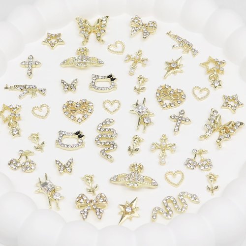 40Pcs Gold Nail Charms Nail Art Rhinestone Gems 3D Sparkling Nails Jewelry for Acrylic Nail Tips Accessories for Women DIY Nail Decorations