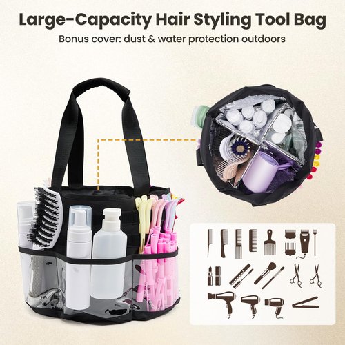 PUMHUBO Hairstylist Travel Bag, with Dust Cover, 11L Large Capacity, Heat-Resistant Interior, Clear Pockets, 24 Hook-and-loop Slots, Top Drawstring, Makeup & Pet Grooming Supplies Organizer