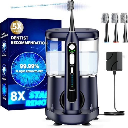 Electric Toothbrush with Water Flossers for Adults, Upgrade 2.0 Flossing Toothbrush Combo, 5 Floss Speeds&3 Brush Modes, 500mL Tank, 30-Day Battery, for Adults & Teens, Gums, Braces, Dental Care,Blue