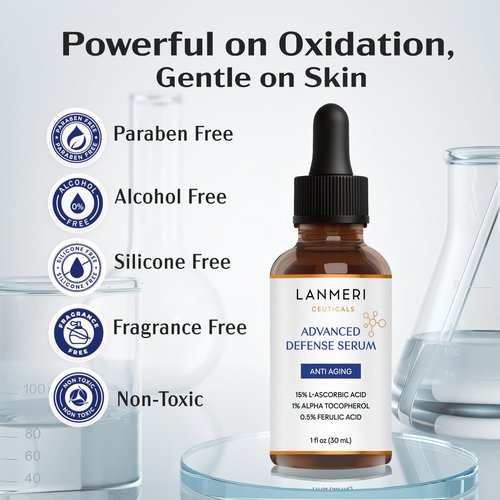 Lanmeri Ceuticals 15% Vitamin C + E + Ferulic Serum: Advanced Antioxidant Defense Formula with 1% Vitamin E & 0.5% Ferulic Acid – High-Stability Vitamin C Serum (1 fl oz)