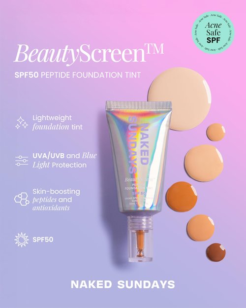Naked Sundays BeautyScreen Peptide Foundation Tint - SPF 50 Tinted Sunscreen & Skincare Makeup with Zinc Oxide, Niacinamide - Lightweight Natural Coverage, 2.5 Light Neutral, 1.01 oz