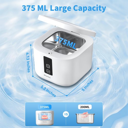 Ultrasonic Retainer Cleaner Machine, 48KHz Dental Cleaning Pod for Denture, Mouth Guard, Aligner, Night Guard, Braces, Toothbrush Heads, Jewelry with Digital Timer & 6 Modes, 13oz Capacity, White