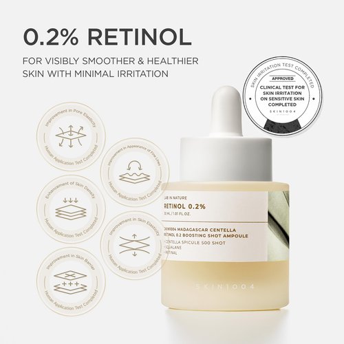 SKIN1004 Retinol 0.2% Boosting Shot Ampoule, Valentine Gifts, Hydrating Face Serum, Korean Facial Spicule Serum, Retinol & Retinal, Madagascar Centella Asiatica, Korean Skin Care, 1.01fl.oz / 30ml