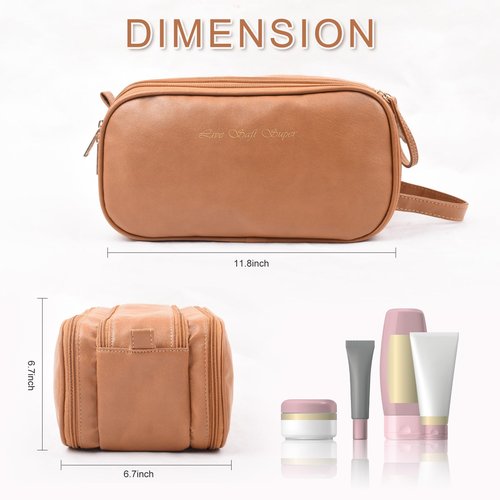 Live Saft Super Travel Makeup Bag - Large Capacity Cosmetic Bags For Women Portable Opening Travel Toiletry Bags, Waterproof PU Leather Pouch Open Flat Makeup Organizer With Handle and Divide Brown