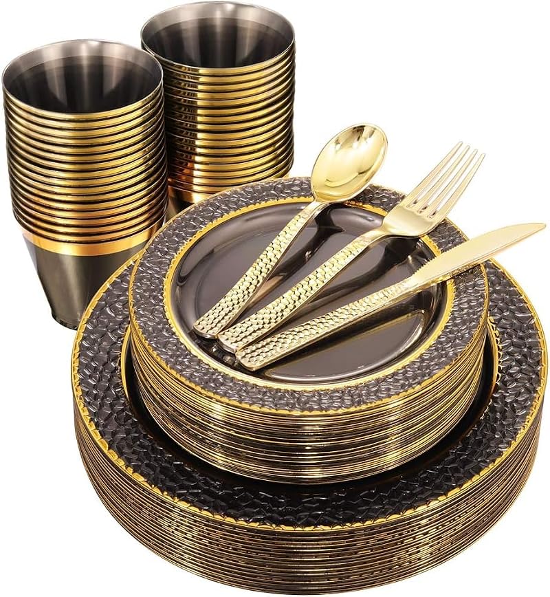 Clear Black Plastic Dinner Plate Set with Gold Silverware - 150PCS Variation