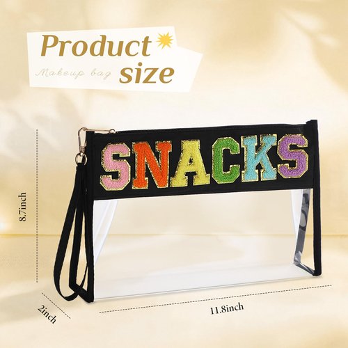 Remerry Clear Chenille Letter Makeup Bag Stand up Snack Bags Preppy Cosmetic Pouch Expandable Clear Travel with Wrist Strap Zipper Portable Multipurpose PVC Nylon for Women Travel(Black,Snack)