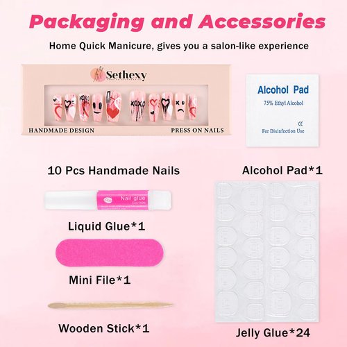 Sethexy Handmade Coffin Press on Nail Rhinestone False Nails Acrylic Stick On Fake Nail Tips for Women 10PCS with Glue (39-Emotion)