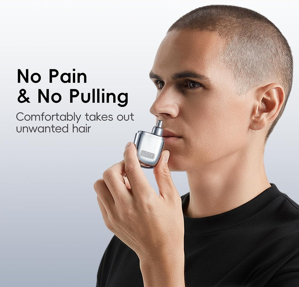 Yoose Nose Hair Trimmer - Rechargeable & Waterproof, Painless Dual Edged Blades, Portable Silver Design